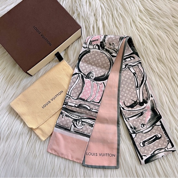 Louis Vuitton Accessories - Louis Vuitton Rare & Limited Edition Pink and Gray Rose Poudre Trunks Silk Scarf
